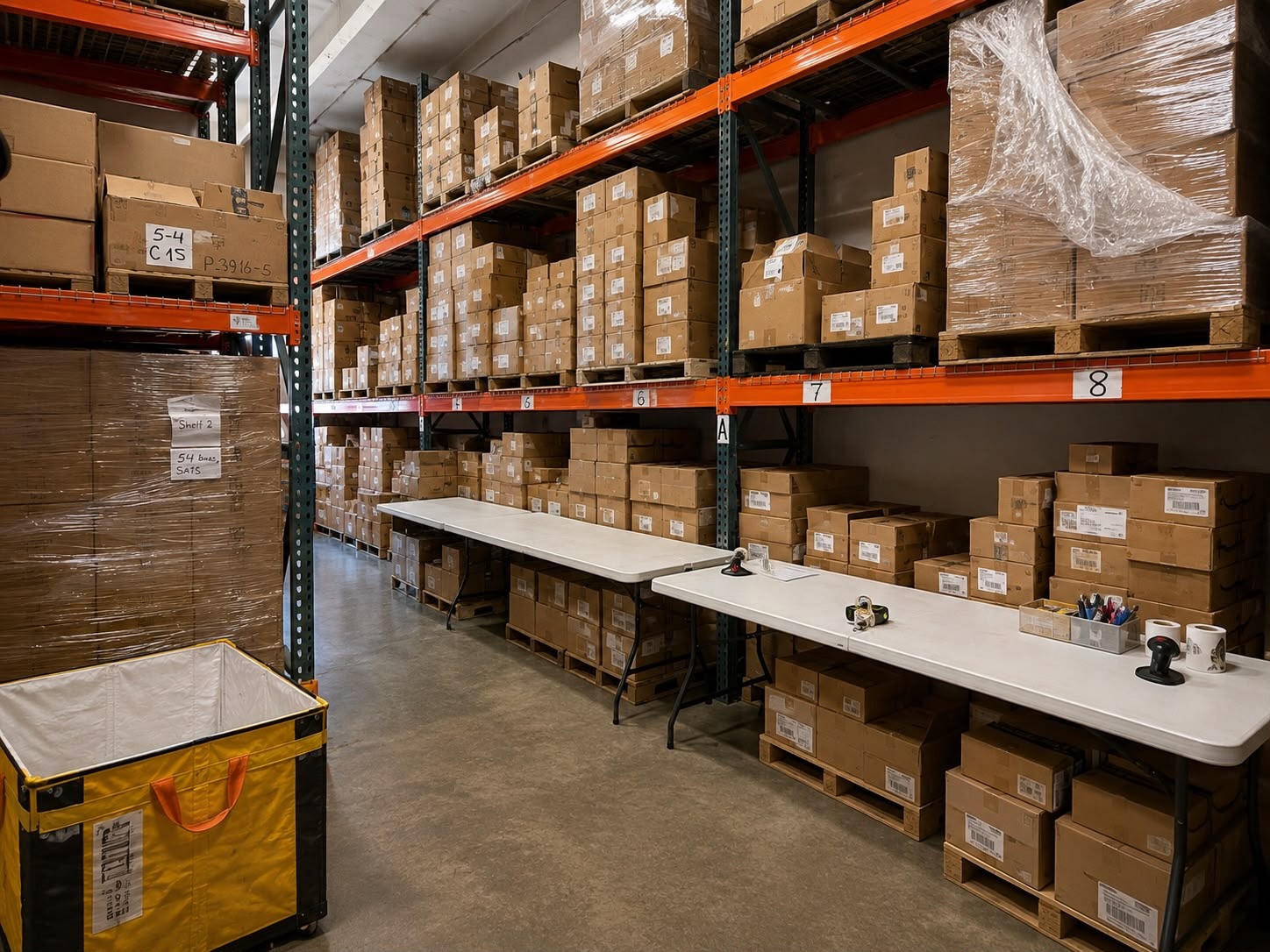 Prep30Cents packing stations and warehouse shelving